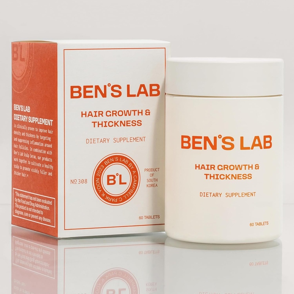 BEN 'S LAB Hårvækst & Tykkelse Kosttilskud til at tænke hår er 124; Avanceret koreansk skalp pleje for sundere, tykkere udseende hår er 124; 60 tabletter er 124; 1 måned forsyning.