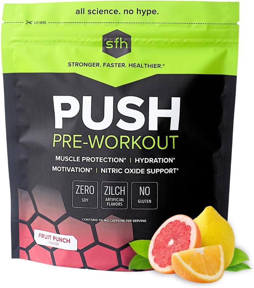 SFH Push Pre- Workout Powder (Fruit Punch) BCAA for Muscle Repair Memory 124; Elektrolyte Memory 124; Non- Dairy, Ingen kunstige smagsstoffer, farver, sukker, soja, gluten, eller GMO 'er (Bag)
