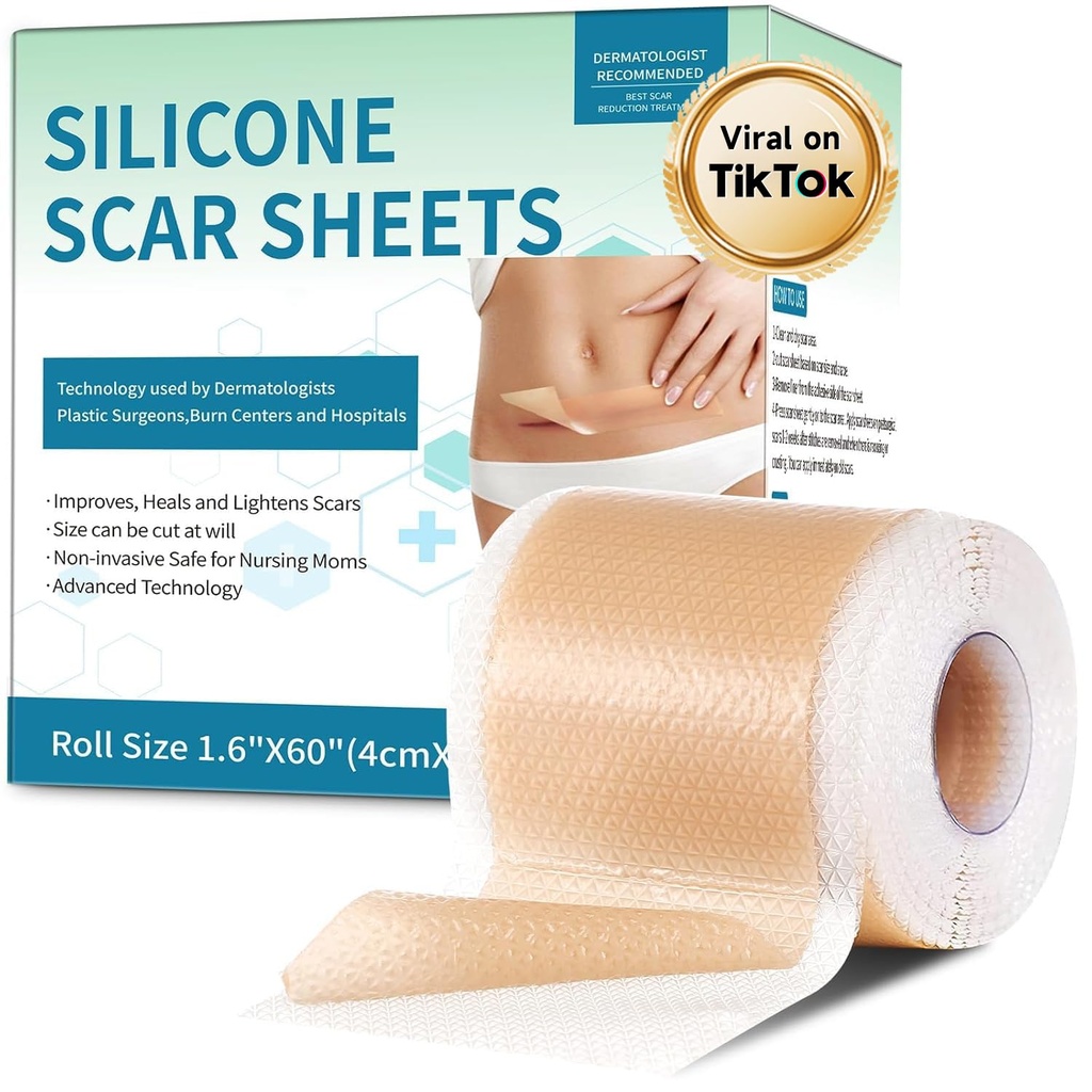 Silicone Scar Sheets, Silicone Scar Tape (1,6 "x 60" Roll -1,5 M), Silicone Scar Strips, Professional Scar Removal Sheets for Kirurgiske Scars, Keloid, C-Section, Burn et
