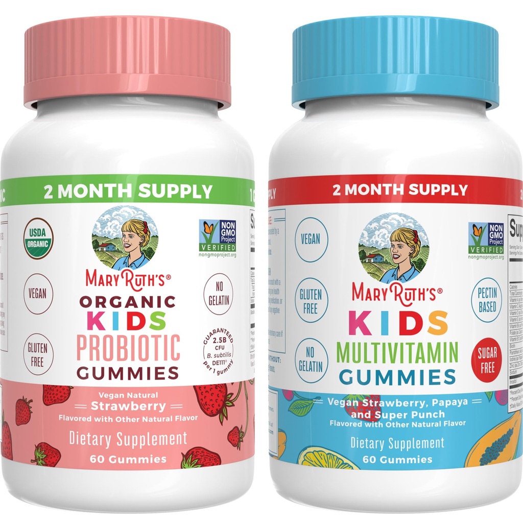 MaryRuth Organics Multivitamin og Probiotic Gummies (Strawberry) for børn 124; Clean Label Project Verified ® - 124; Vitamin til Gut Health, Immunitet, & Samlet Wellness