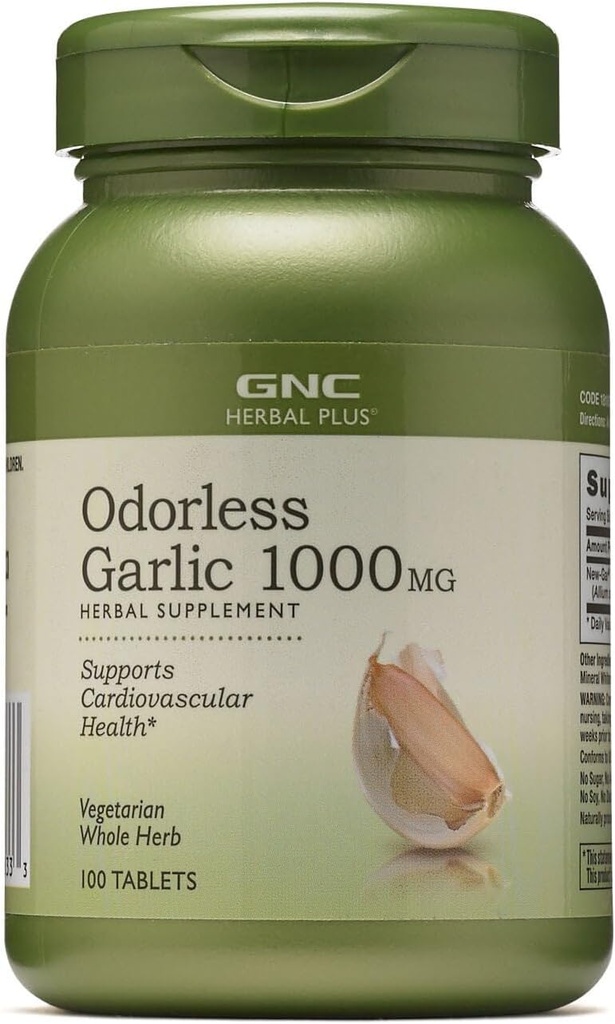 GNC Herbal Plus Odorless Hvidløg 1000mg tillæg, Vegetarisk, Understøtter hjerte-kar-sundhed, 100 Servere