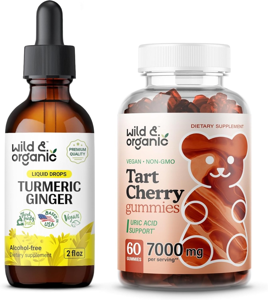 Wild & Organic Gurkemeje Ingefær Tinktur 2 fl oz & Tart Kirsebær Gummier