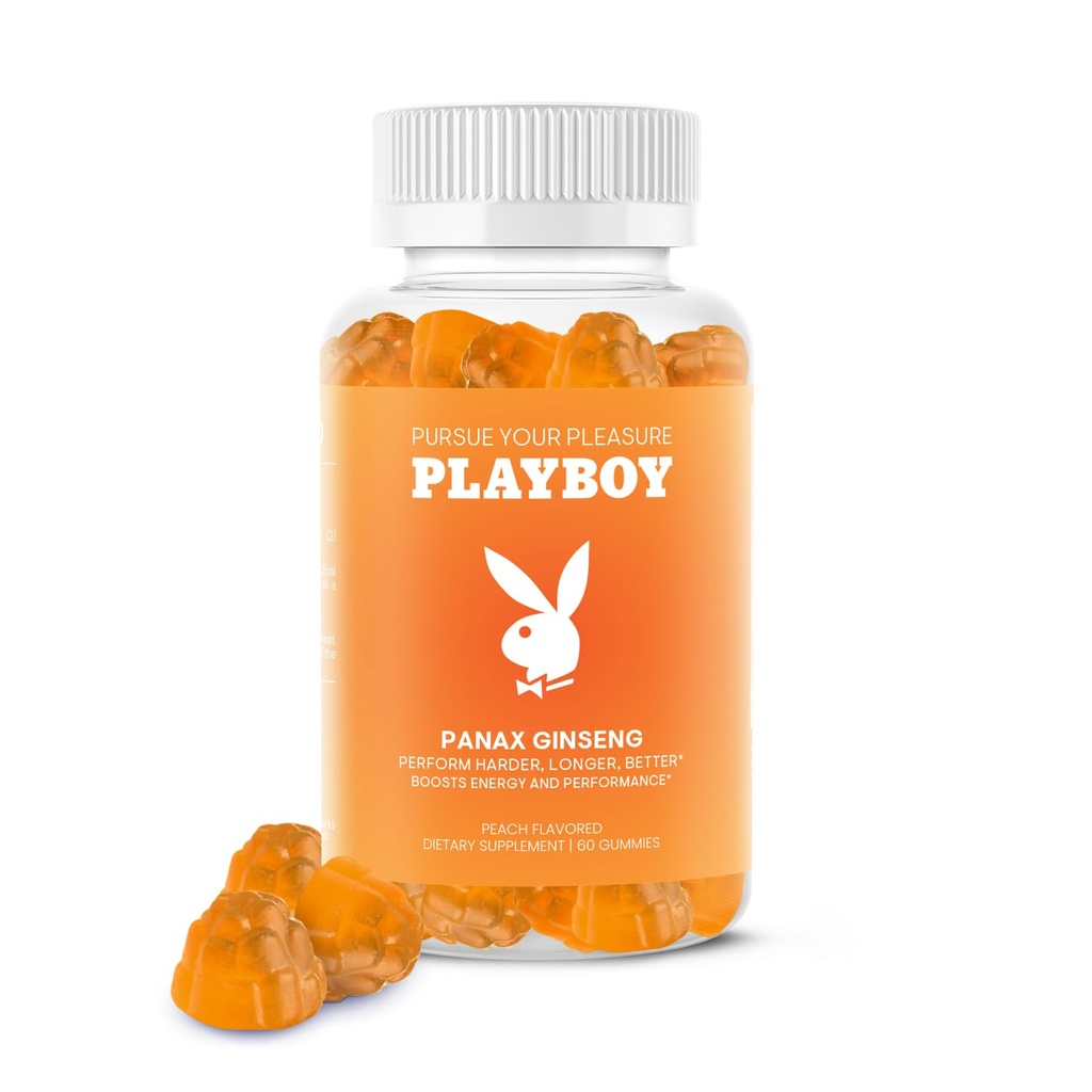 Playboy - Ginseng Gummies (60 Greve - Peach Flavored) - Perform Harder, Længere, Bedre - Panax Ginseng Supplement Gummy for mænd og kvinder - 100% Natural, Vegansk Non GMO Ginseng Root 6: 1 Uddrag