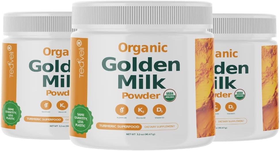 Organic Golden Milk Powder with Vitaminer D3 & K2, Gurkemeje, Ingefær, Curcumin, Kanel, KSM66 Ashwagandha, Holy Basil & Natural Prebiotics- Lækker Usødet Gurkemeje Tea Latte - 3 Pack