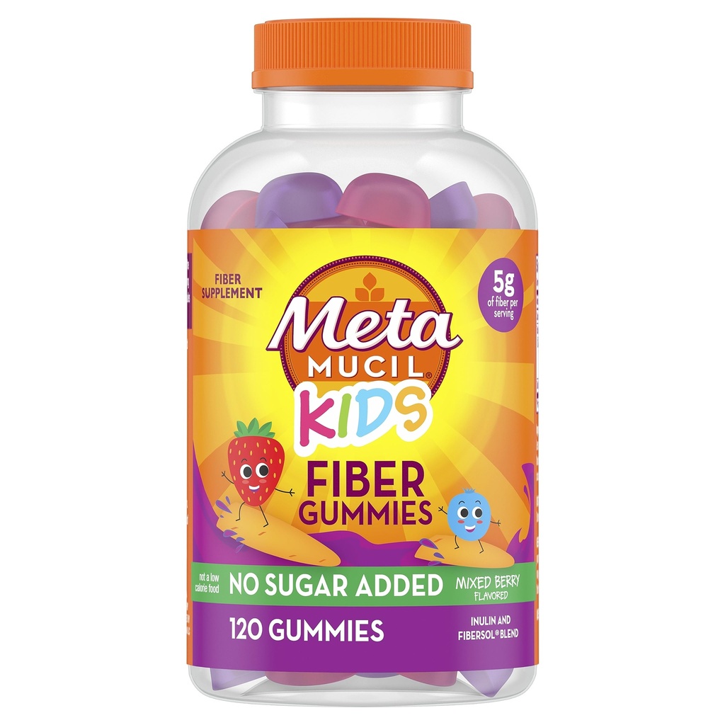 Metamucil Kids Fiber Gummies, Ingen Sukker Tilføjet, 5g Prebiotic Plant- baserede Fiber Supplement Blend, Blandede Berry Flavored, 120kt Gummies