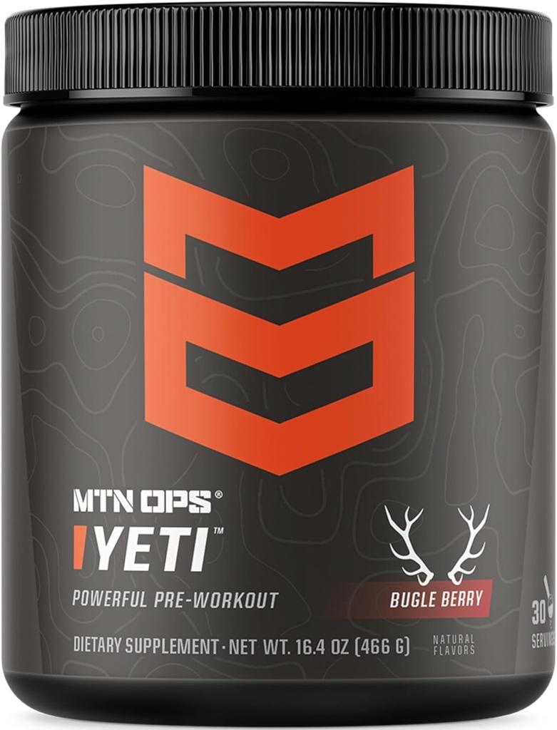 MTN OPS Yeti Pre- Workout Powder Energy Drink with Creatin, 200mg Coffein & BCAAs with Beta Alanine, 30- Serving Tub, Bugle Berry