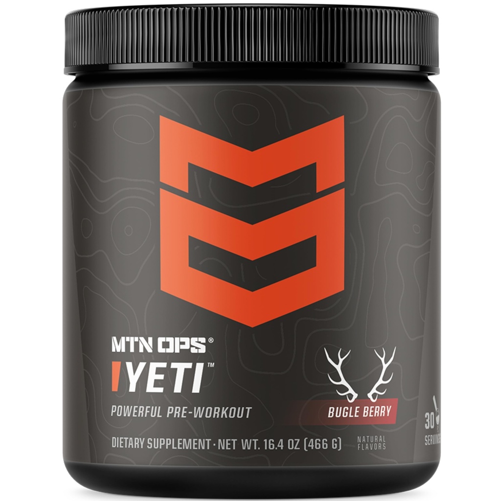 MTN OPS Yeti Pre- Workout Powder Energy Drink with Creatin, 200mg Coffein & BCAAs with Beta Alanine, 30- Serving Tub, Bugle Berry