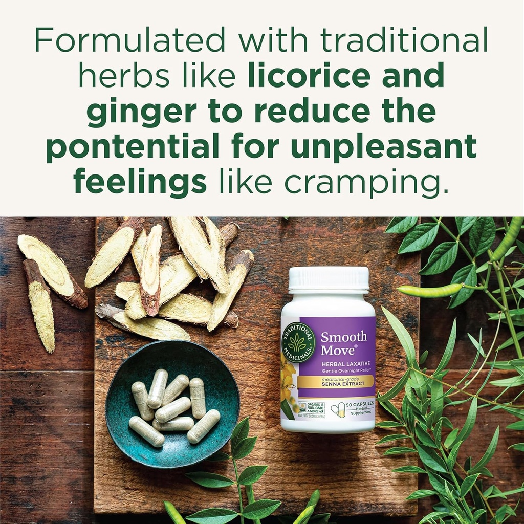 Traditionelle Medicinals Glat Flyt Senna Laxative Kapsler, Natural Herbal Obstipation Relief, 50 Kapsler (pakke med 2)