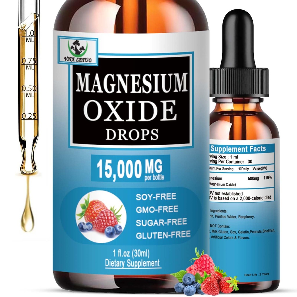 Magnesium oxide 500 mg, flydende Magnesium supplement til søvn, nerve, hjerte sundhed, muskel & stress Relief, høj absorption Magnesium oxide flydende dråber til voksne & børn, gluten fri, ikke GMO, Vegan