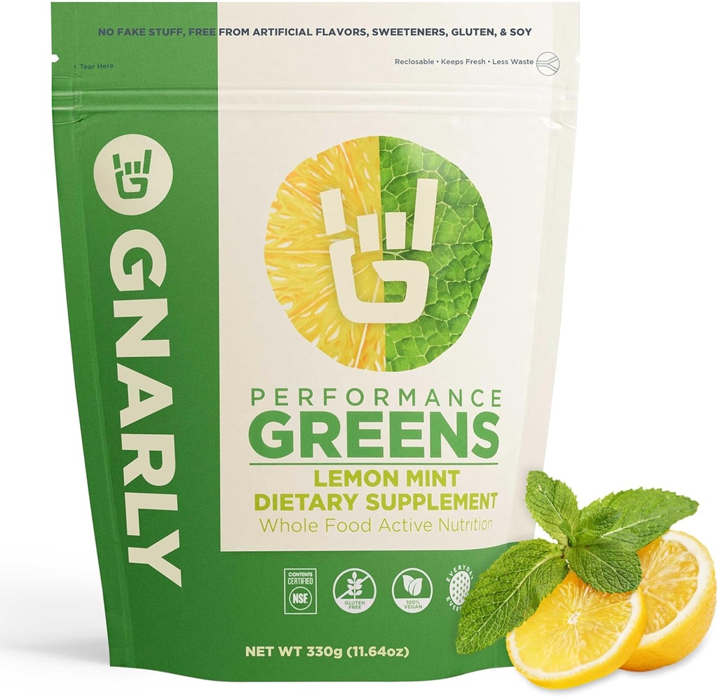 Gnarly Nutrition Greens Superfood Powder - Lemon Mint Performance Super Green Powder - NSF Indhold Certificeret - Økologisk, Probiotika & Væsentlige mikronæringsstoffer - Lemon Mint, 11.64 oz