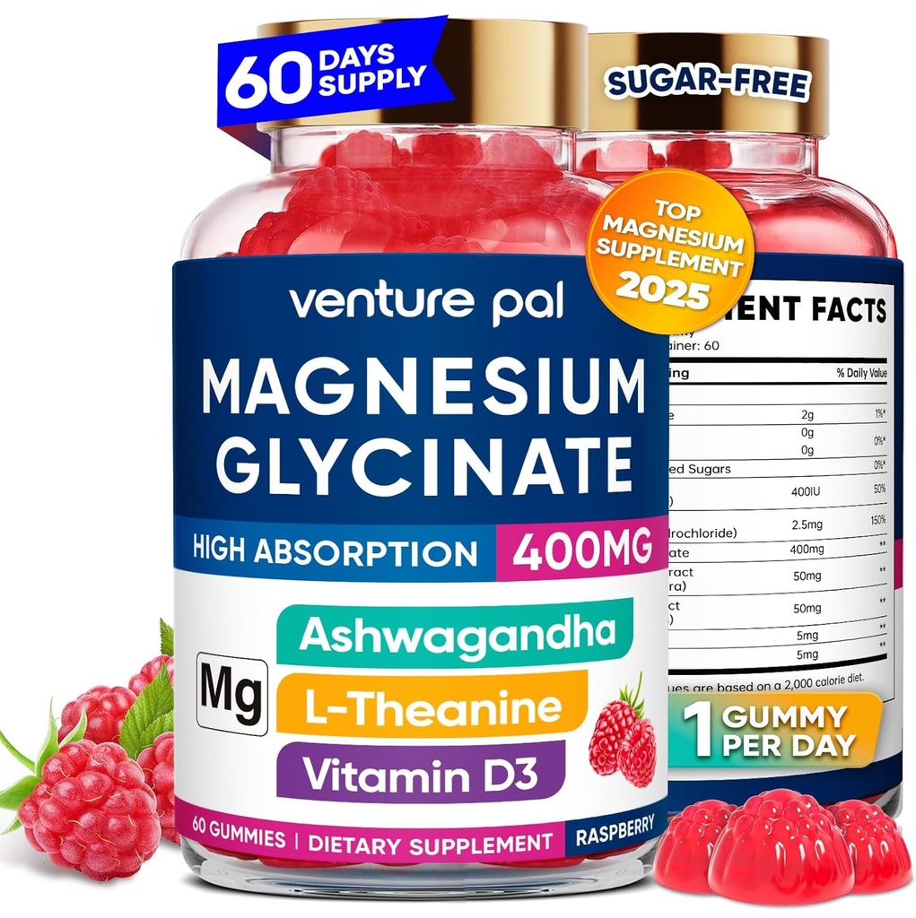 60 Day Supply Magnesium Glycinate 400mg Gummies med Ashwagandha, L- Theanine, CoQ10, Vitamin D3 & B6, Sukker fri Magnesium Gummies for voksne & børn, Stress Relief, Sleep & Calm, Vegan, Gluten Free