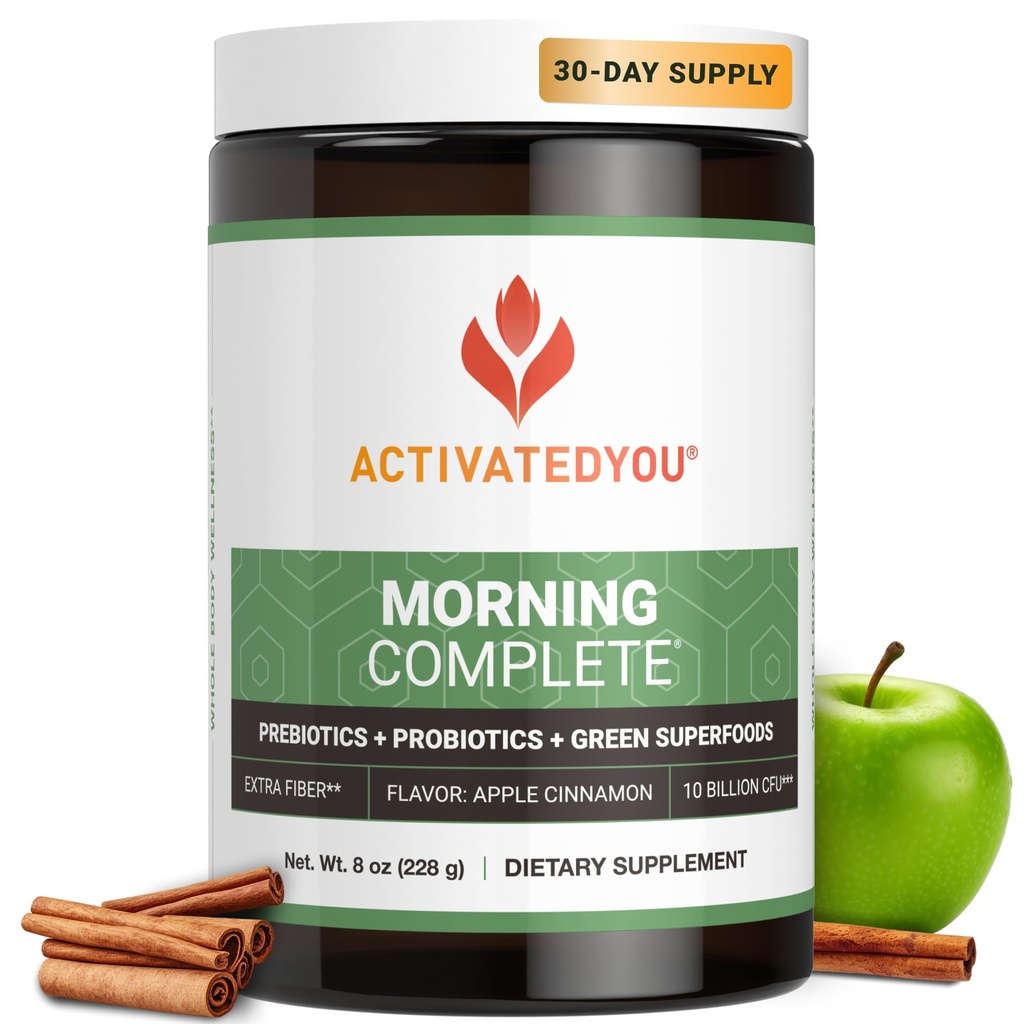 AKTIVATEDYR Morgen Komplet Daglig Wellness Green Superfood Drink Mix for Gut Health w / Prebiotika, Probiotika, Antioxidanter, Green Superfoods, 10 Millioner CFU 'er, 30 Servere (Apple Kanel)