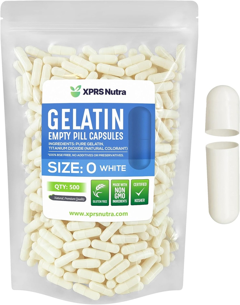 XPRS Nutra Størrelse 0 Tomme kapsler - 500 Tomme Gelatine kapsler - Piller selv Kapselfyld - Pure Bovin Pill Gel Caps til Do- It- Yourself Kosttilskud (hvid)