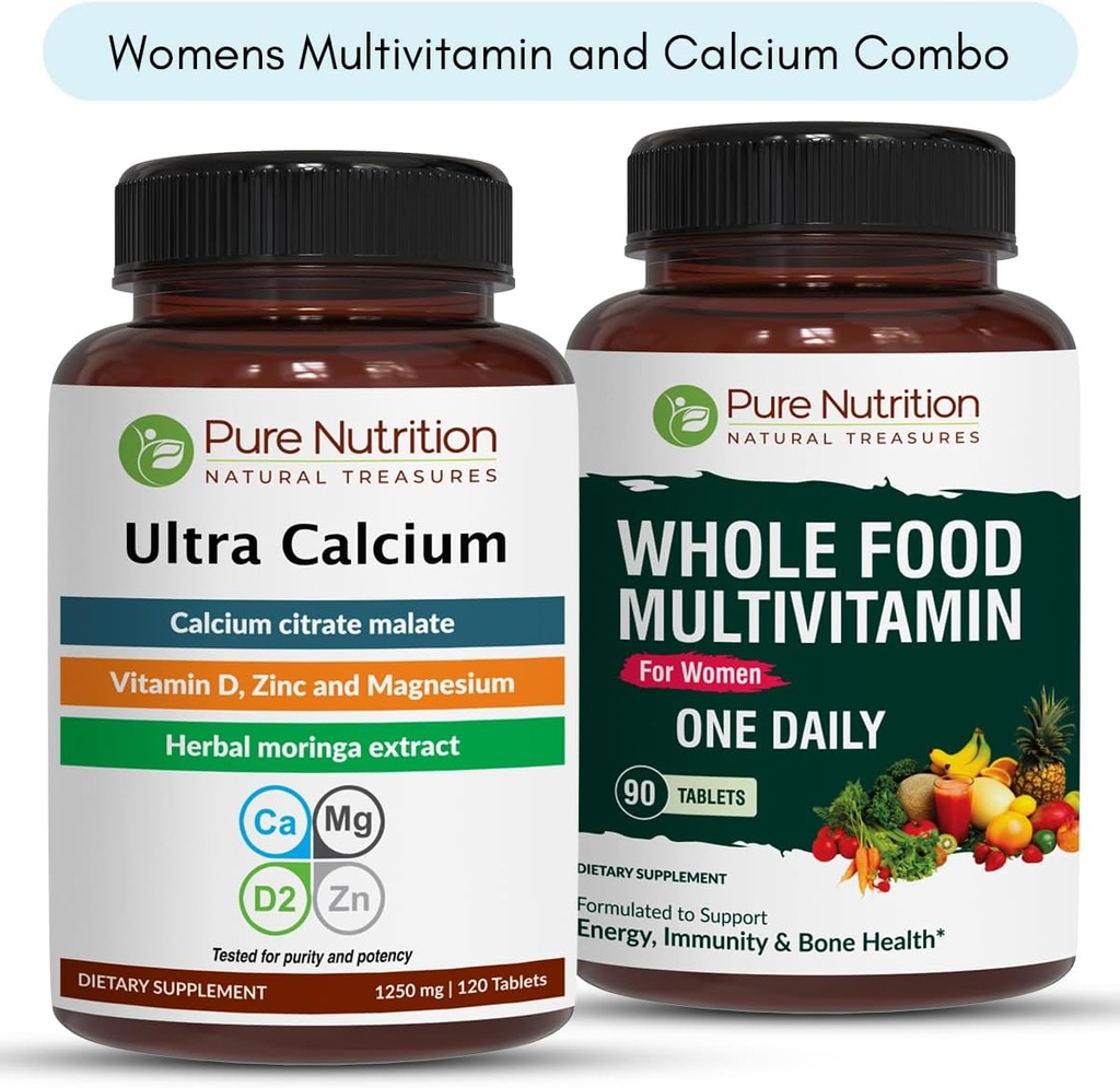 Pure Nutrition Ultra Calcium 1000mg og Whole Foods Dame Multivitaminer 1500mg for sunde knogler, Joints og Samlet Wellness. Ultra Calcium 120 Tabs + Dame Multivitaminer 90 Tabs.