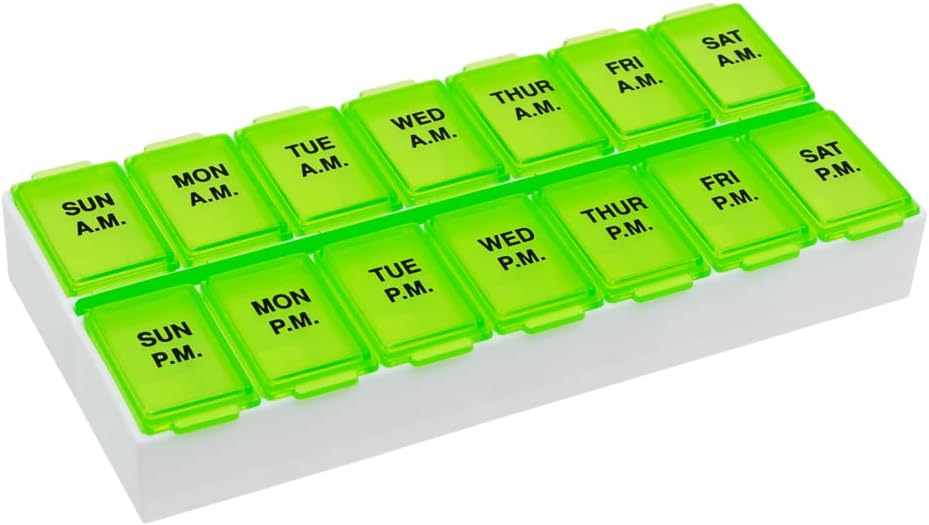 Ezy dosis Weekly (7-dag) Daily AM / PM Pill Organizer, Vitamin Planner, og Medicine Container, Case for Supplements and Fish Oils, Medium Compartments, 2 gange om dagen, Green, BPA Free