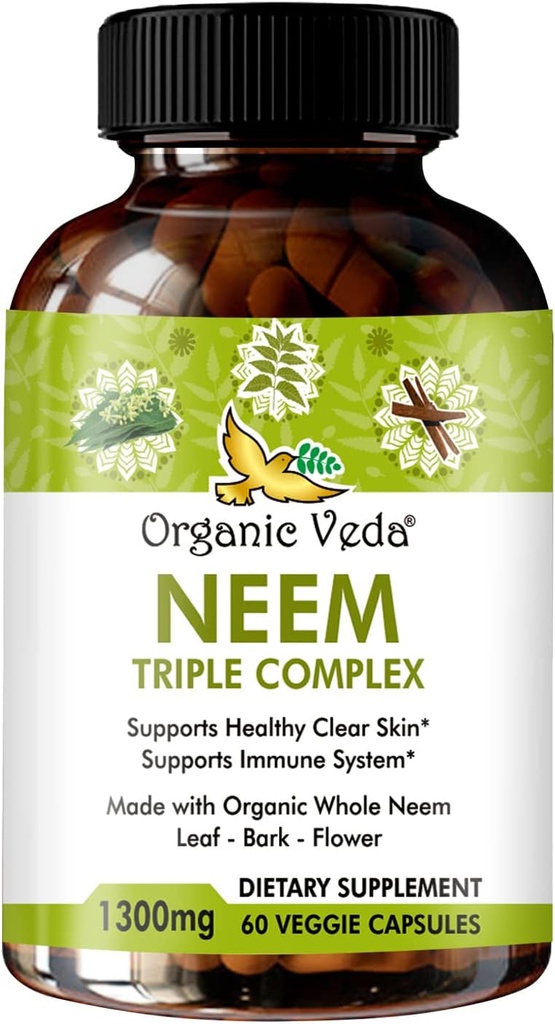 Organic Veda Neem kapsler med Triple Complex Neem Leaf Extract, Bark & Flower - Urtetilskud øger immunitet, forbedrer fordøjelsen, hud sundhed & support Cleansing - 60 Greve