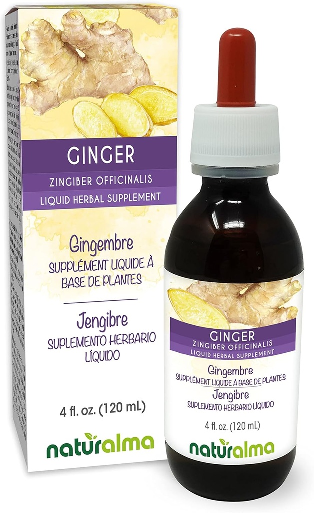 Naturalma Ingefær (Zingiber officinalis) Rhizome Alkohol- Free Tincture - 4 fl oz Liquid Extract in Drops - Herbal Supplement - Vegan