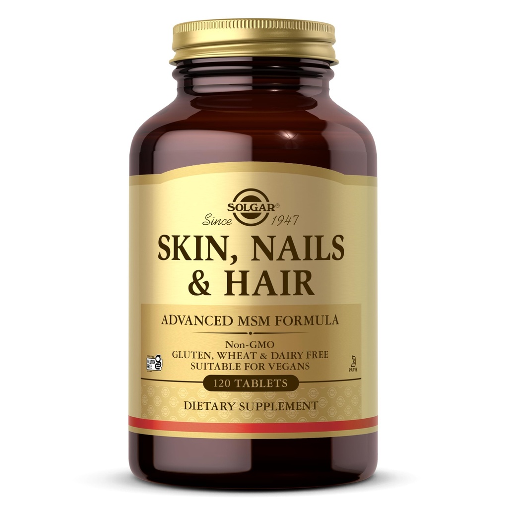 Solgar Skin, Nails & Hår, Advanced MSM Formel, 120 tabletter - Understøtter Collagen til hår, negle og hud sundhed - Giver zink, C-vitamin & kobber - Ikke GMO, Vegan, Gluten & Dairy Free - 60 Servering, Standard Packaging, 120 Greve
