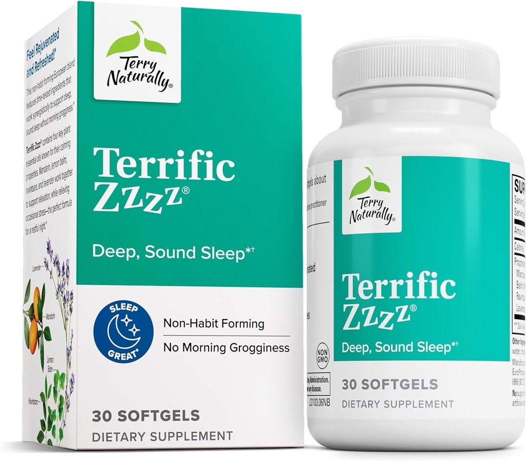 Terry naturligt strålende Zzzz - sovetilskud til voksne - Kosttilskud med mandarin, Lemon Balm & Lavender - Non-GMO afslapning & søvn Relief Aid - 30 Softgels