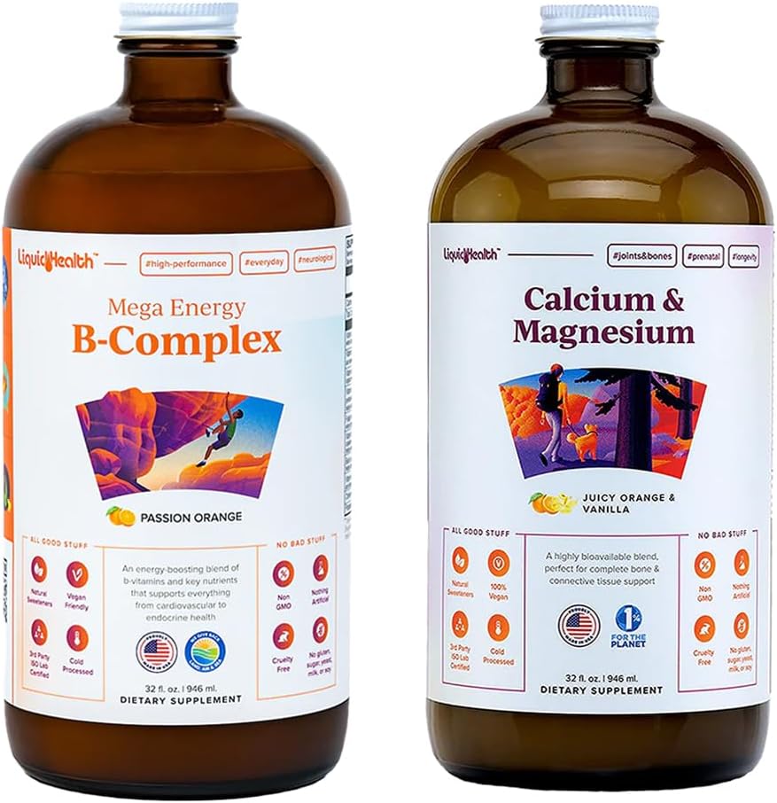 LIQUIDHealth Mega Energy B- Complex & Calcium og Magnesium flydende Vitamin Bundle for voksne - Øge naturligt energiniveau, Support Bone & fælles sundhed, Boost immunsystem - Vegan, Non- GMO, USA Made