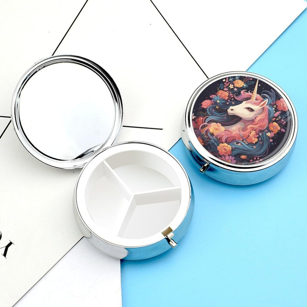 Pill Box Cartoon Horse med blomster Pill Case 3 Segment Pill Organizer Portable Round Pillbox Medicine Organizer Pill Container Holder til at holde Vitamin Medicin Fish Oil og kosttilskud