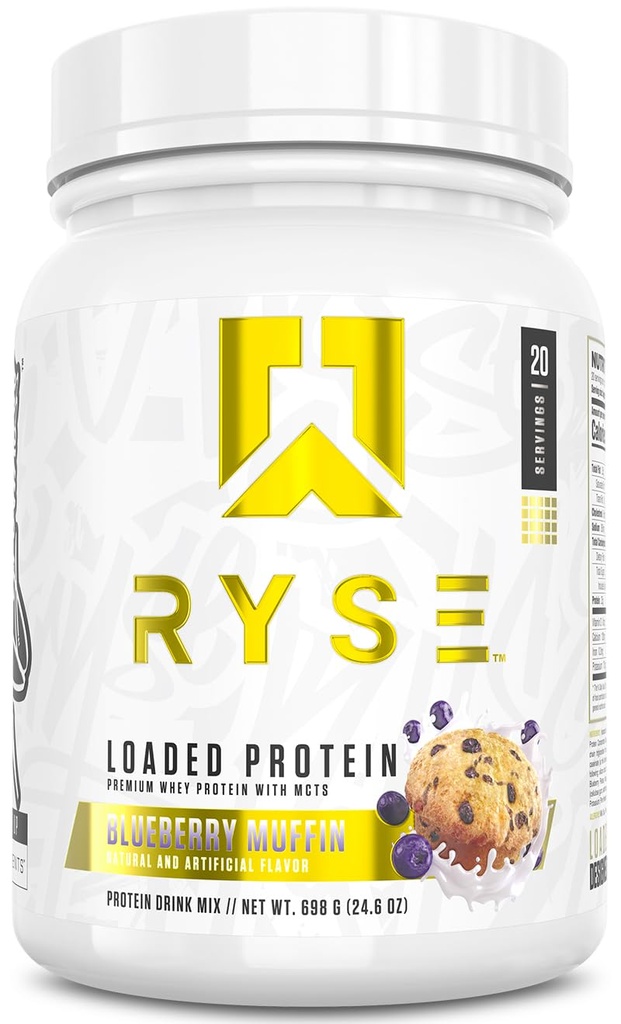 RYSE Loaded Protein Powder - Blåbær Muffin - 25g Whey Protein Isolere & Koncentrat med Prebiotic Fiber & MCTs - Lav Carb, Lavsukker, Digitalt-Friendly - 20 Servering / 1,5 LB Tub