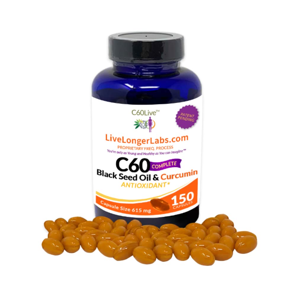 C60 Komplet - Carbon 60 (Fulleren) med Black Seed Oil & Curcumin - Antioxidant Supplement - for lang levetid & kognitiv funktion - Alle naturlige - 150 Gel kapsler