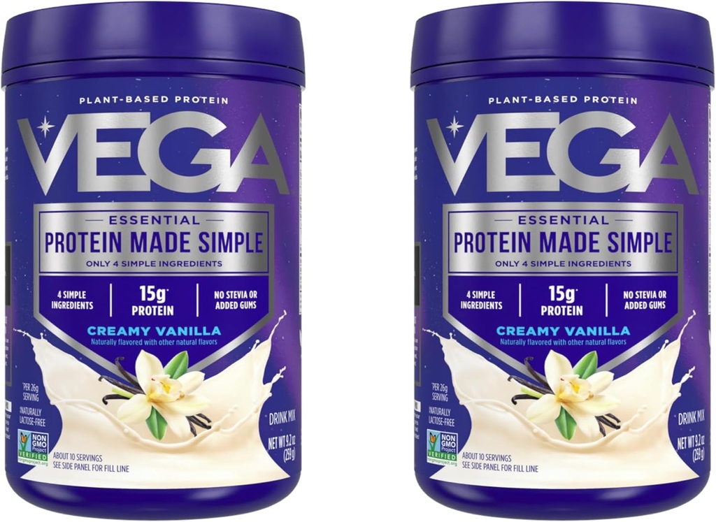 Vega Protein Made Simple Protein Powder, Vanilla - Stevia Free, Vegan, Plant Based, Sund, Gluten Free, Pea Protein for Women and Men, 9.2 oz (Packaging May Vary) (Pack of 2)