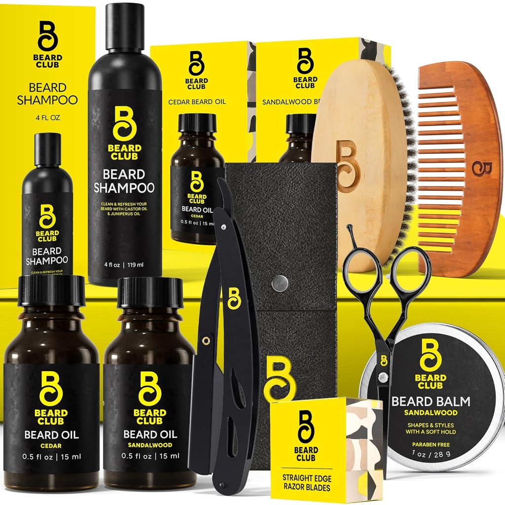 Beard Club Premium Beard Kit til mænd - Grooming & Care Kit - Cedar & Sandalwood Oil, Sandalwood Balm, Shampoo, Brush, Comb, Trimming Saks, Straight Edge Razor - gavesæt