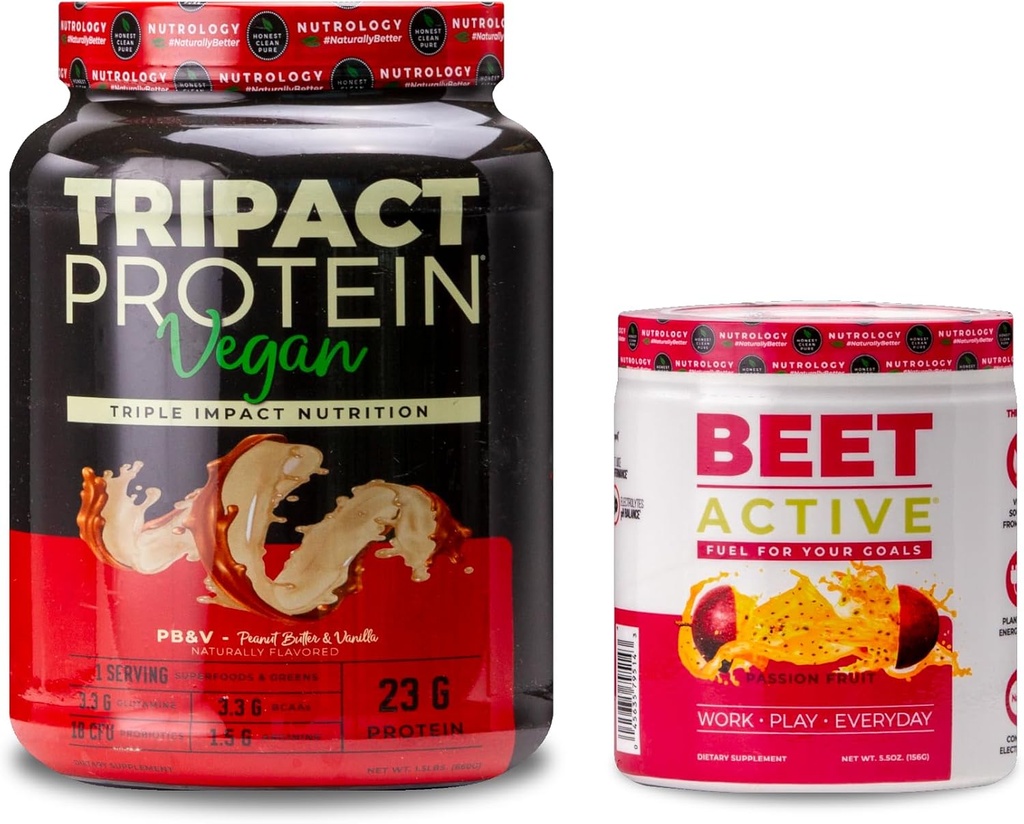 Nutrologi TRIPACT Vegan Protein Powder, for Vegan Protein Shakes, Peanut Butter Vanilla (20 Servere) & Beet Active, Natural Pre- Workout Powder, Passion Fruit Flavor (30 Servere)