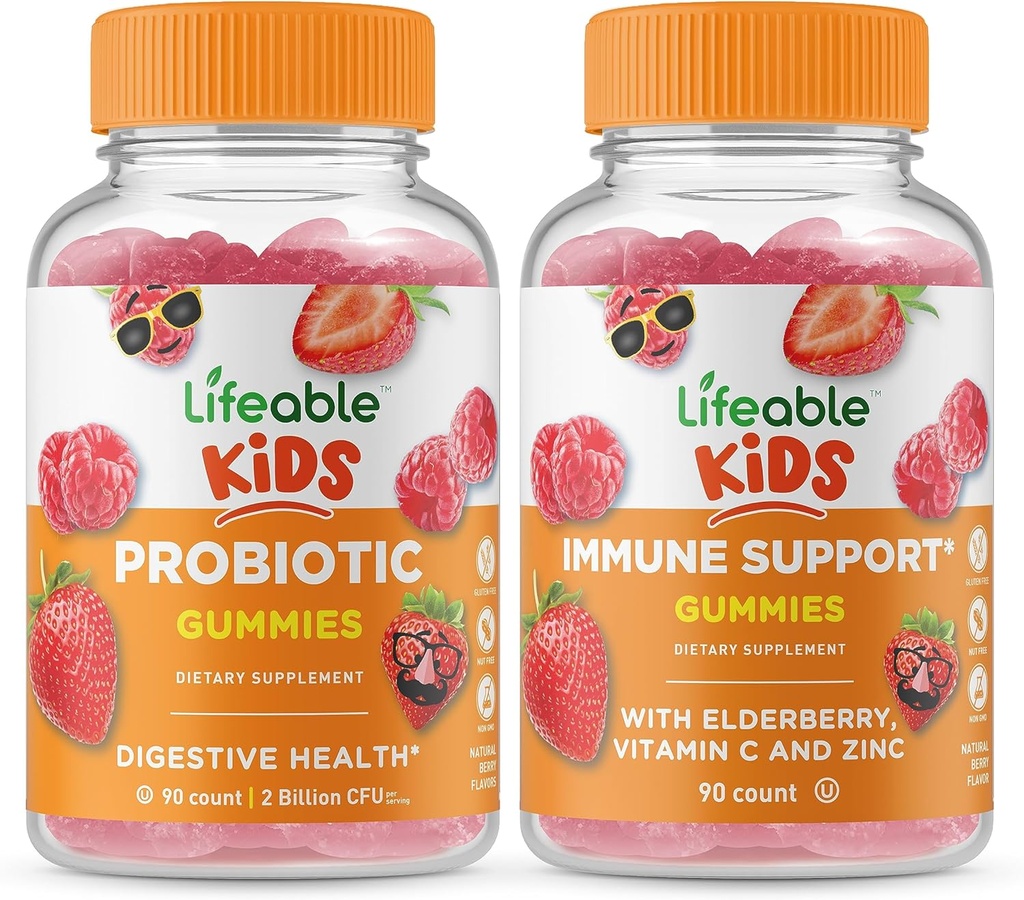 Lifeable Probiotic 2 Millioner CFU Kids + immunsupport Kids, Gummies Bundle - Great Tasting, Vitamin Supplement, Gluten Free, GMO fri, Chewable Gummy