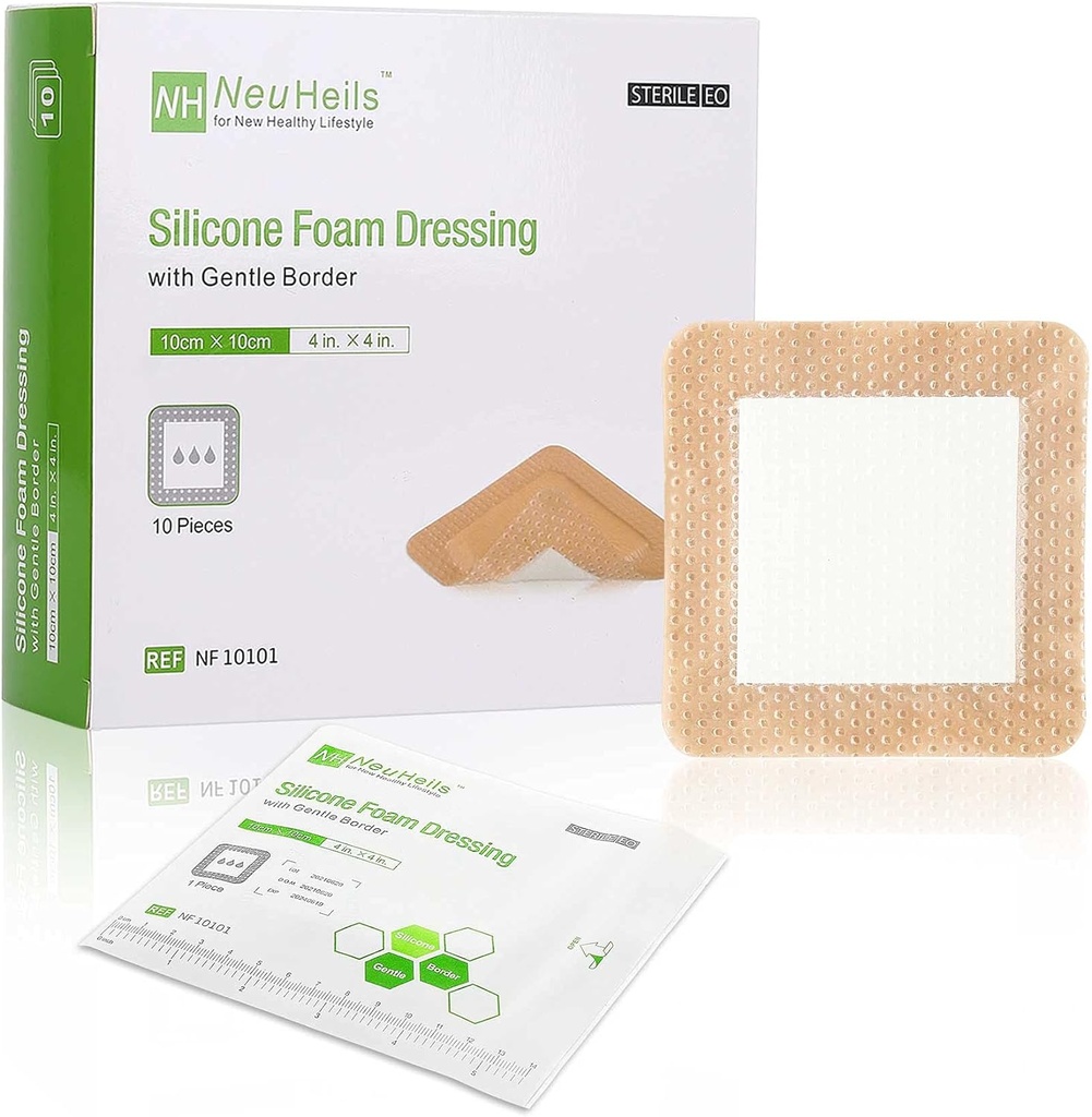 NeuHeils Silicone Adhesive Skum Dressing med Gentle Border 4 "x4" for Bed Sore Leg Ulcer 10 Pack, Høj Absorbency Vandtæt Silicone Sår Bandage