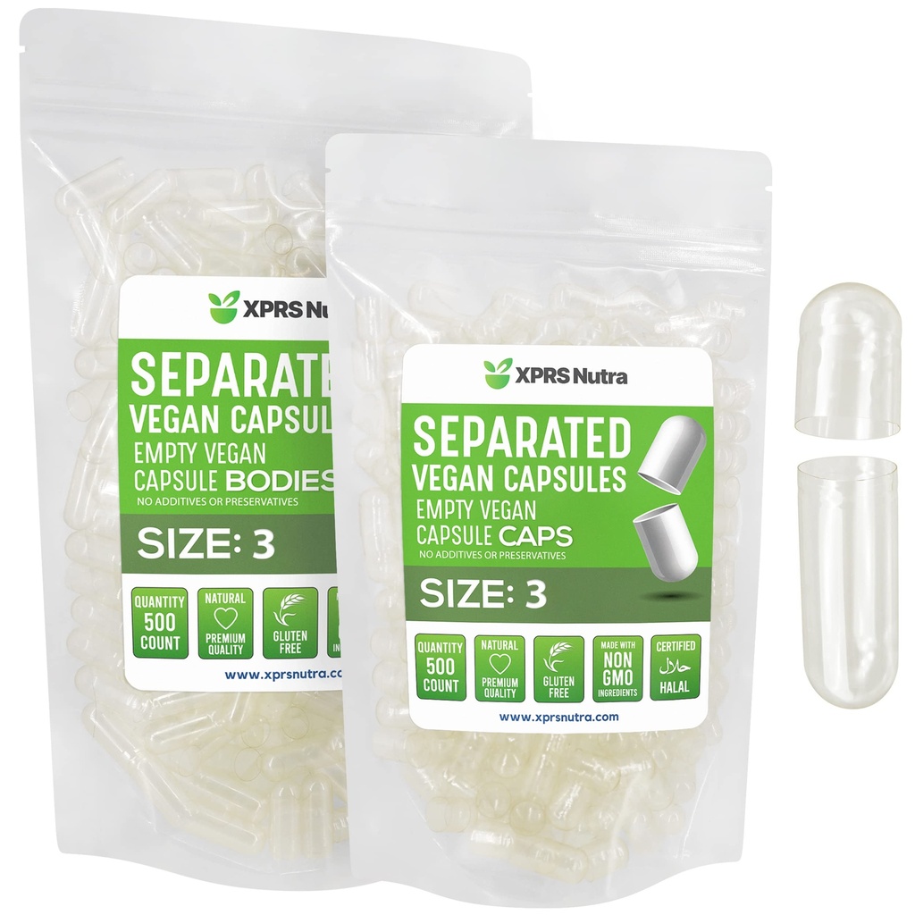 XPRS Nutra Vegan Size 3 Separated Capsules- 500 Count Premium Empty Caps Separated in Bags - Clear Empty Capsules - Pills for DIY Supplement Filling