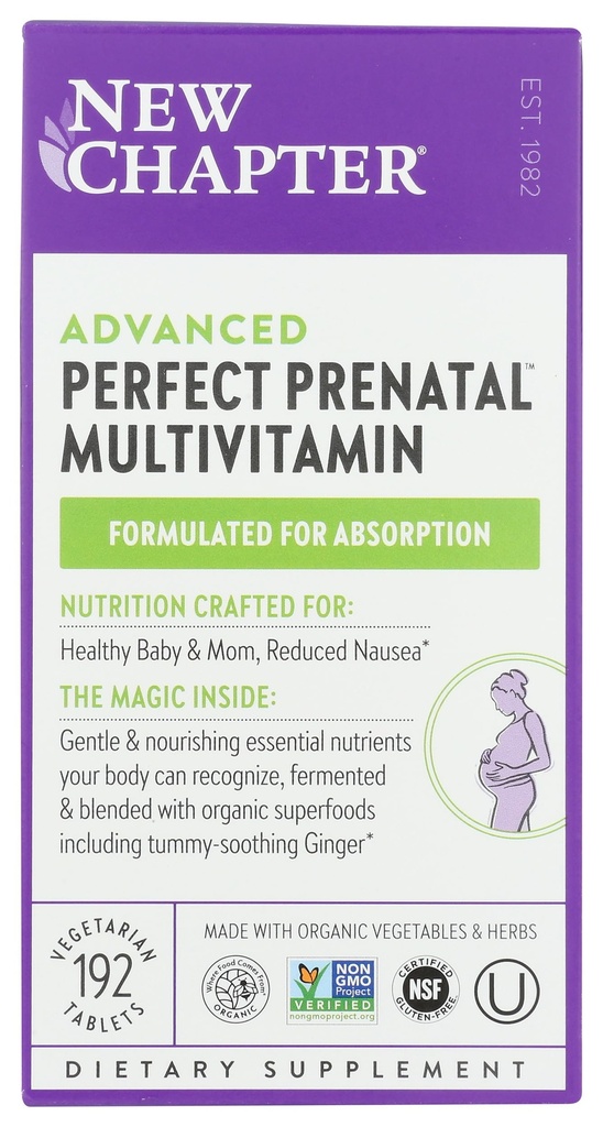 Nyt kapitel Perfect Prenatal Vitaminer, Organic Prenatal Vitaminer, Non- GMO ingredienser til sund baby & mor - Folate (Methylfolat), Jern, vitamin D3, gæret med hele fødevarer og probiotika, 192 tæller