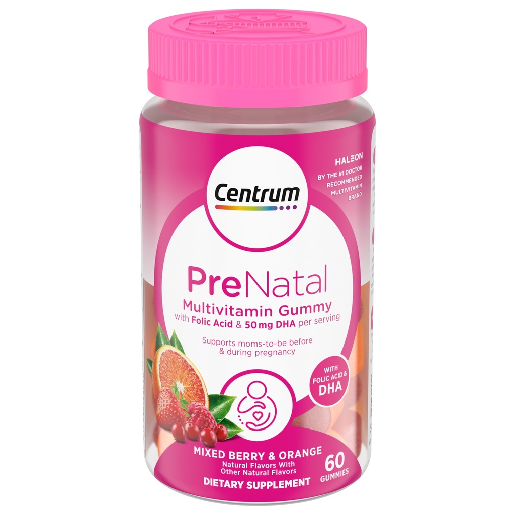 Centrum Prenatal Multivitamin Gummies med DHA og folinsyre, blandet berry og orange flavors - 60 greve, 30 dages forsyning