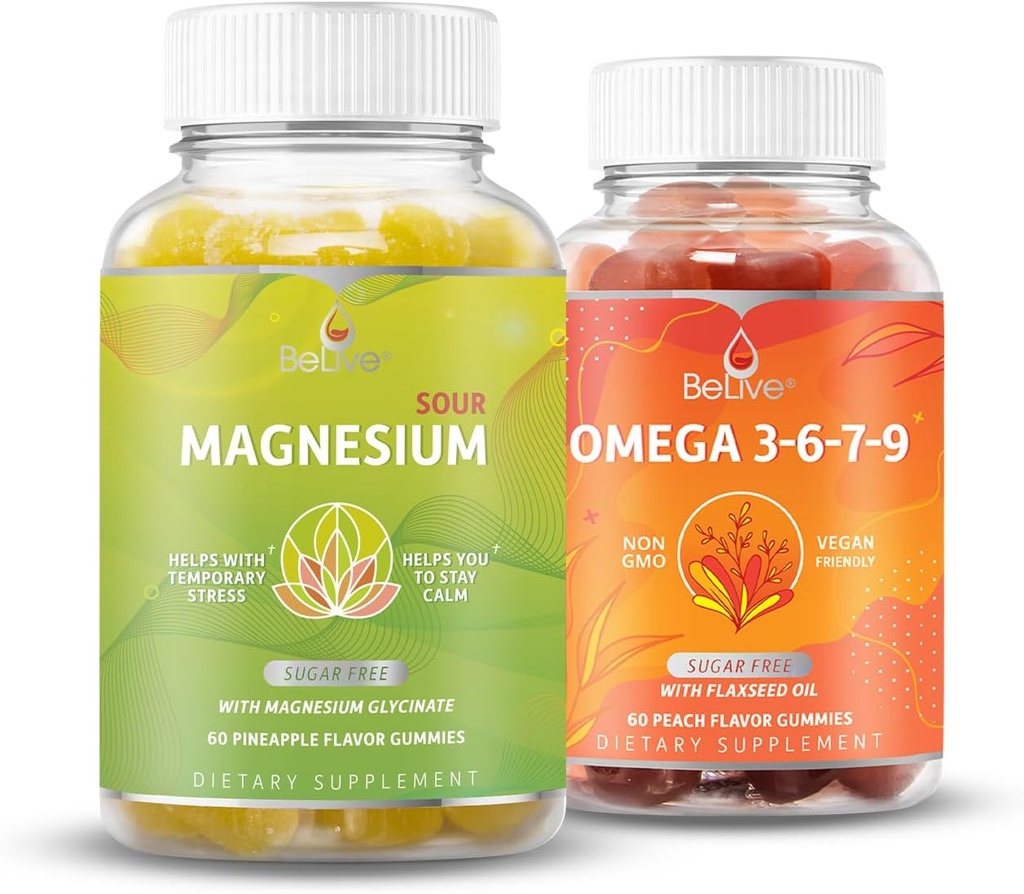 BeLive Magnesium GLycinate & Omega 3- 6- 7- 9 Bundle til afslapning, søvn, hjerne, hjerte & Inmune System Support