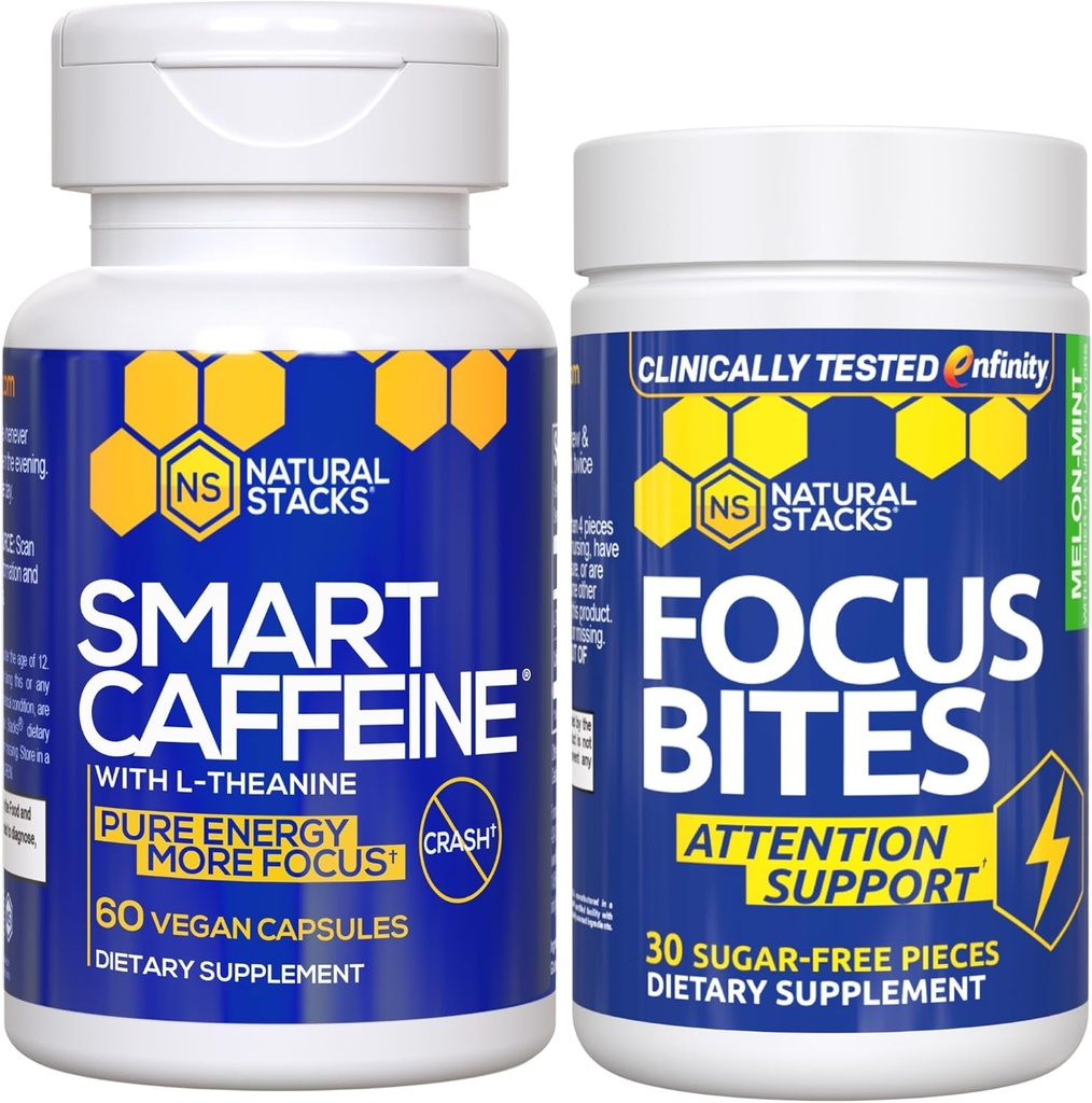 NATURLIGE STAKKER Smart Koffein + Focus Bites Bundle - Koffein & Paraxanthine Kosttilskud - Understøtter Energi & Fokus * - Ingen Jitters eller Crash - 90 stykker