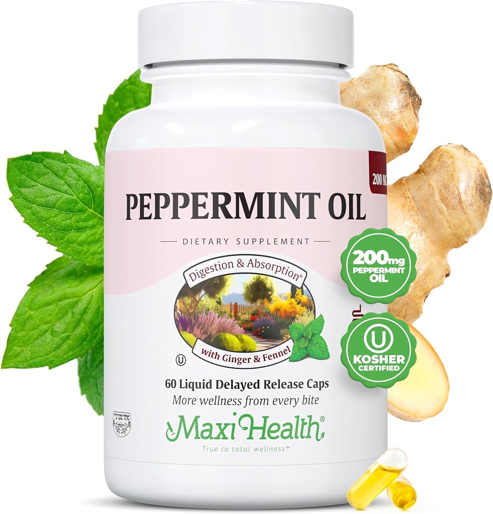 Maxi Health Peppermint Oil Capsules - Organic Ingefær Olie & Fennel Forsinket Udløsning Capsule - Ingestible Dietary Kosher Peppermint Supplement til fordøjelsesstøtte (60 Kapsler)