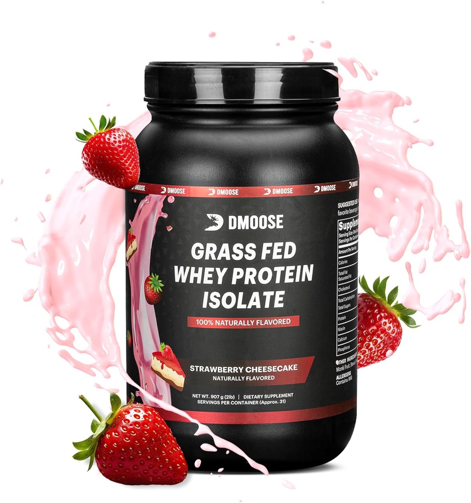 DMoose Grass Fed Whey Protein Powder - for Muscle Growth & Recovery, naturligt sødet & smag, rig på aminosyrer, hurtig Absorbing Performance Formel (2 Lbs, Jordbær)