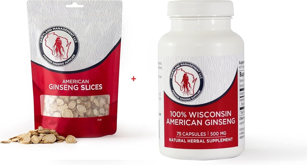 Dairyland American Ginseng Slices 4 oz and Capsules 75 ct Pack of Wisconsin Ginseng - Direkte fra Farmer til Consumer Slices