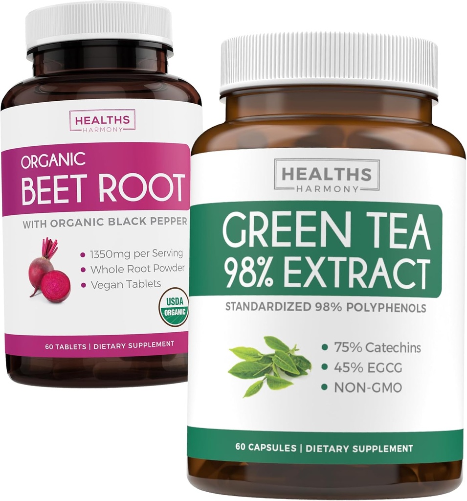 Beet Root & Green Tea Extract (1 - Måned Supply) Detox Power Duo - Organic Beet Root med Black Pepper til Absorption 1250mg (60 tabletter) & Green Tea Extract 98% med EGCG 1000mg per serv (60 hætter)