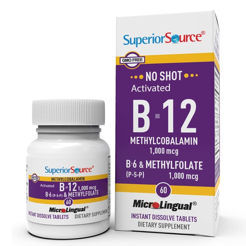 Superior Source No Shot Vitamin B- 12 Methylcobalamin 1000 mcg, B- 6, & Methylfolate 1000 mcg - Understøtter energi, hjerne og hjerte sundhed - Bariatric Friendly - 60 Sublingual Opløsning Tablets
