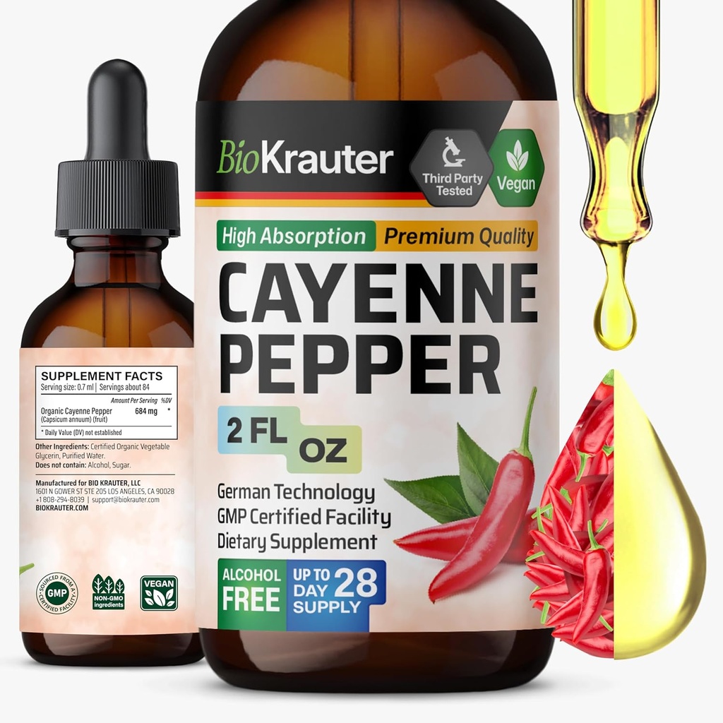 BIO KRAUTER ® Cayenne Pepper Drops 684 mg - Pure Vegan Cayenne Pepper Supplements 2 Fl.Oz 28 dages levering - Natural Capsaicin til fordøjelsesstøtte - Alkohol & sukker fri, ikke-GMO