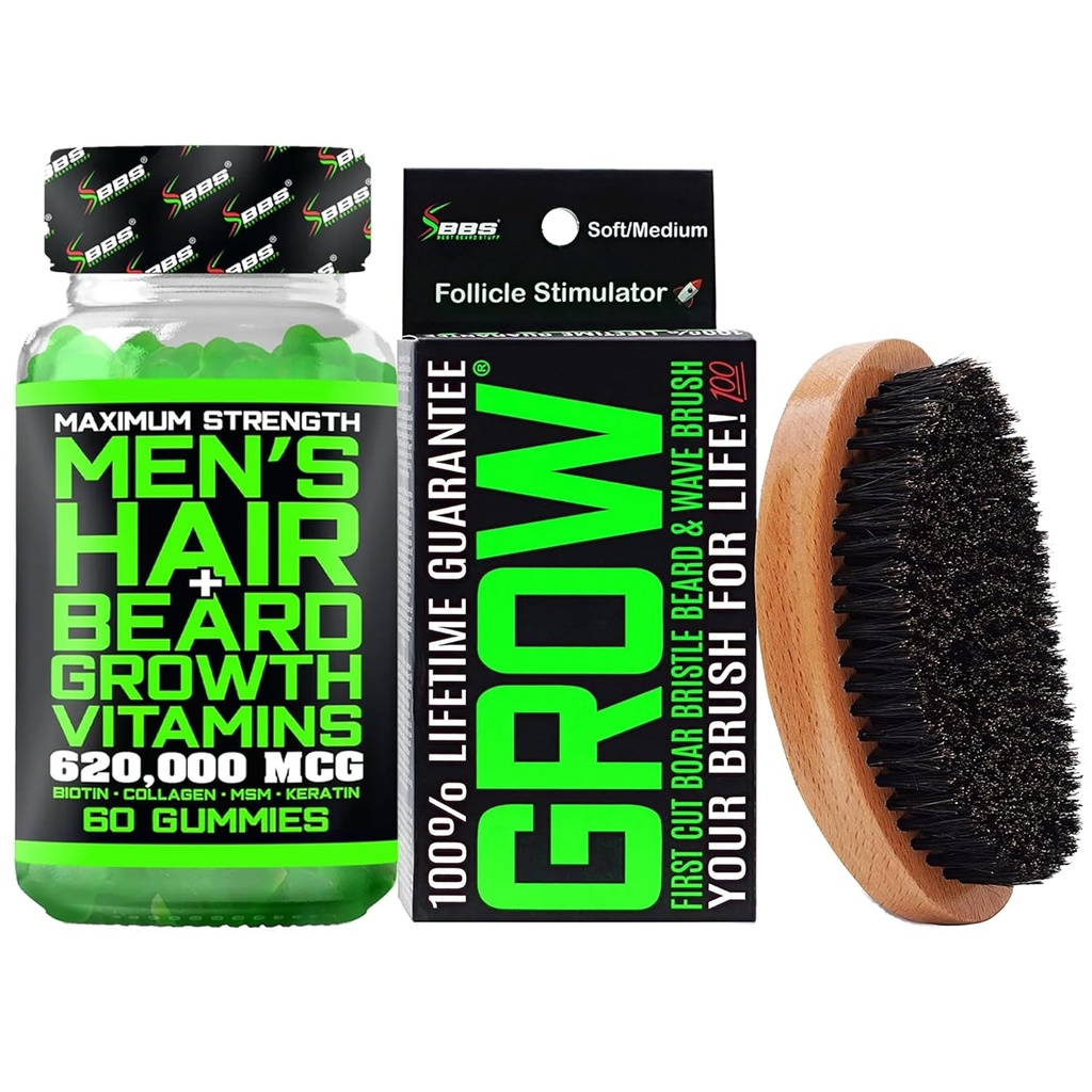 Beard Growth Kit w / 620,000mcg 14- in-1 BIOTIN Gummies / Beard Growth Vitaminer og hårvækst Vitaminer for mænd + 100% Lifetime Erstatning First Cut Boar Brittle Brush & 360 Wave Brush for mænd