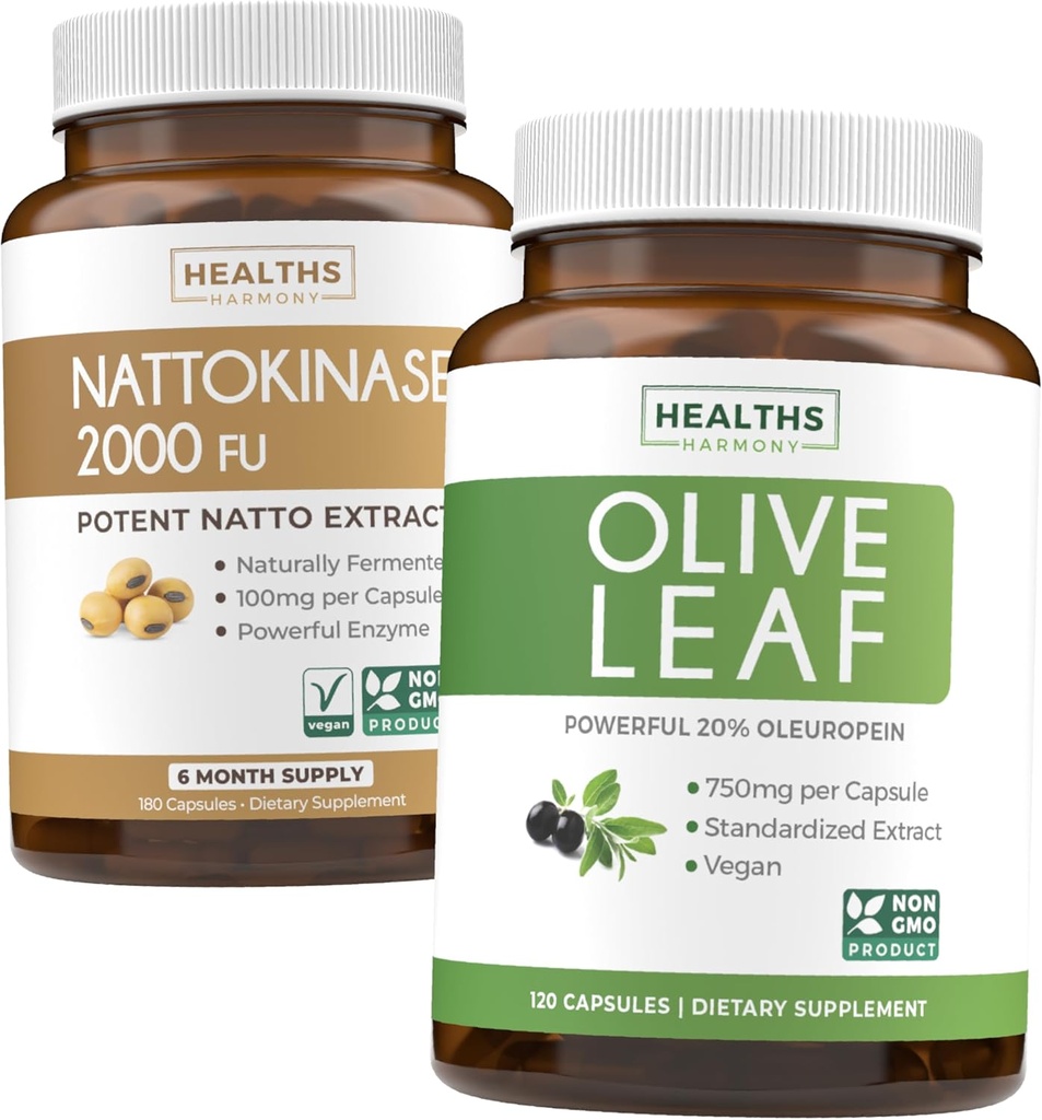 Natokinase & Olive Leaf (6-måned Supply) Flow & Wellness Mix - Natokinase 2000 FU Kraftig naturligt fermenterede Soybeans (6-måned Supply) & Olive Leaf Extract Super Styrke med 20% Oleuropein