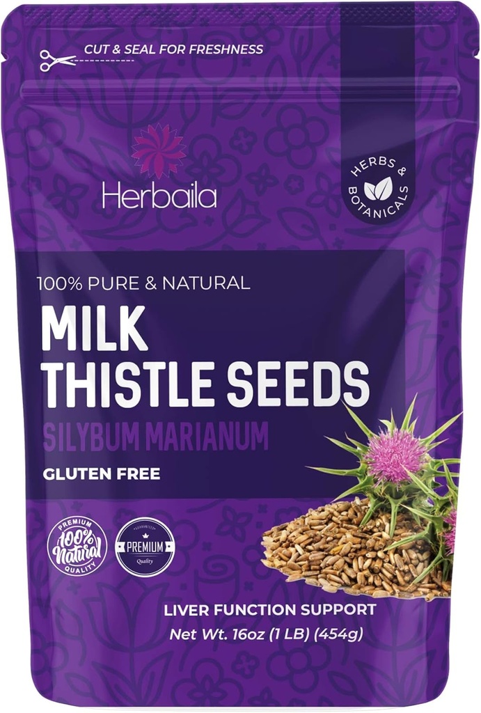 Herbaila Milk Thistle Frø, 1 LB. Silymarin Milk Thistle Tea, Bulk Milk Thistle Herb Hele frø, Pure Milk Thistle Bulk, Hele mælk Thistle Frø, Alle naturlige, Gluten fri, Non-GMO. 1 Pound.