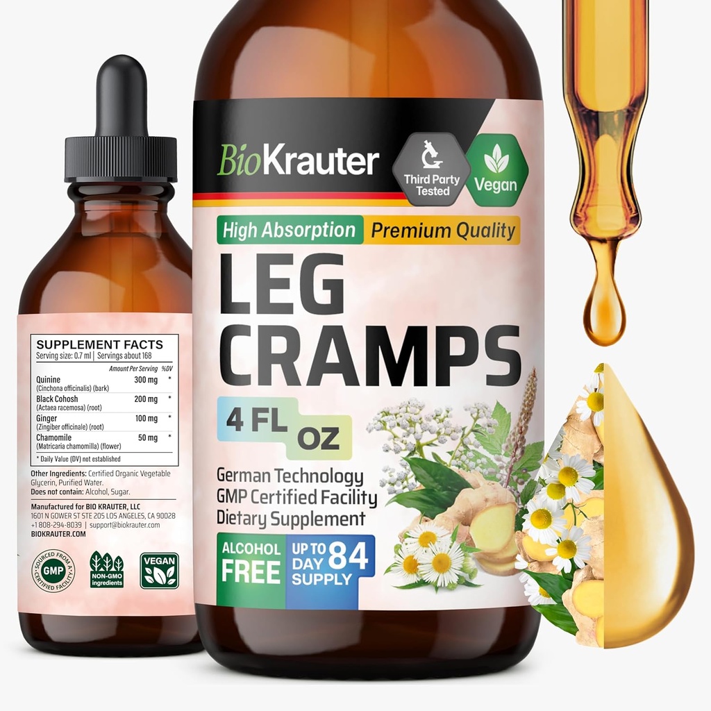 BIO KRAUTER Leg Cramps Tinktur med quinin - Ginger & Kamille Flydende Ekstrakter til Leg Cramps - Natural Alkohol & Sukker Free Formel - Vegan Drops 4 Fl.Oz.
