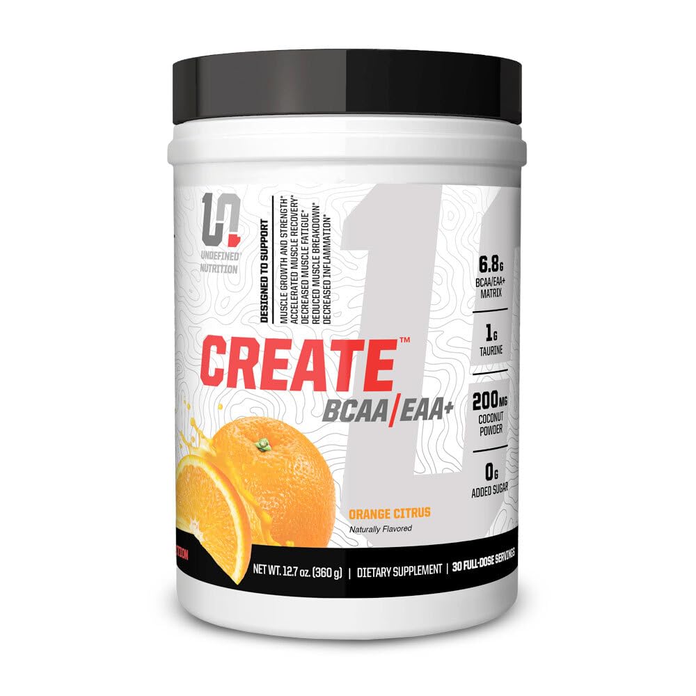Udefineret Nutrition Opret BCAA / EAA + af Brian Shaw -Muscle Recovery & Endurance, 6.8g BCAA / EAA Matrix - Fuld Spectrum BCAA + Essential Aminosyrer Supplement - 30 Servering (127 oz, Orange Citrus)