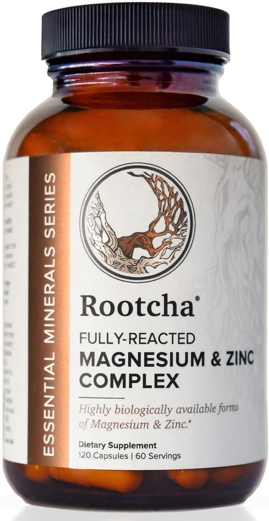 Potent & Pure Magnesium & Zinc Complex - Fully Reacted Magnesium with Chelated Zinc Picolinate - by Rootcha | 120 Capsules