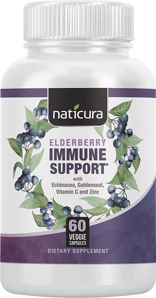 Elderberry immunforsvar - Dagligt supplement til mænd og kvinder - C-vitamin, zink, Goldenseal, Echinacea og Elderberry - 60 kapsler, 5-in-1 med Prebiotika og Probiotika - Made in USA